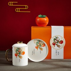 壹品陶瓷 好柿花生茶具套装（个人杯*1+碟子*1+礼盒+手提袋+茶叶罐）